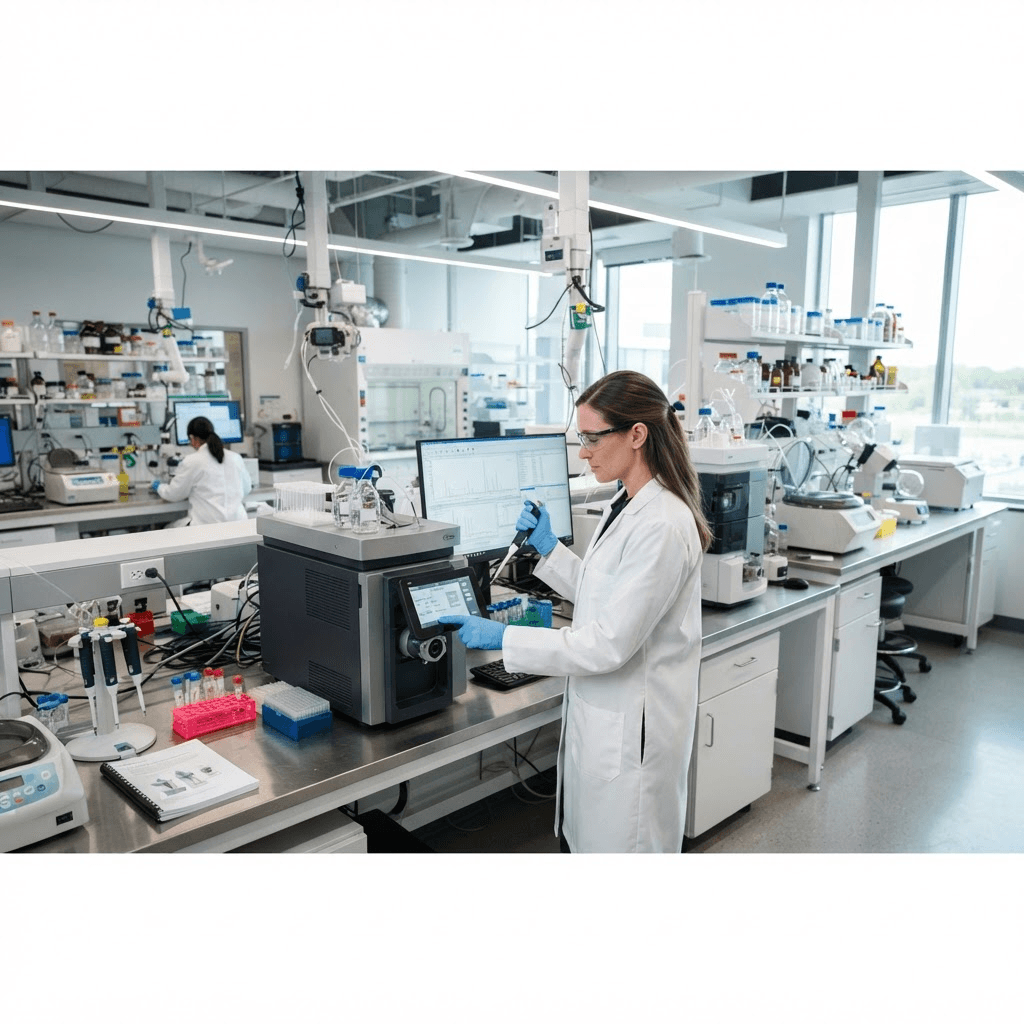 Scientist operating instruments in a modern testing laboratory