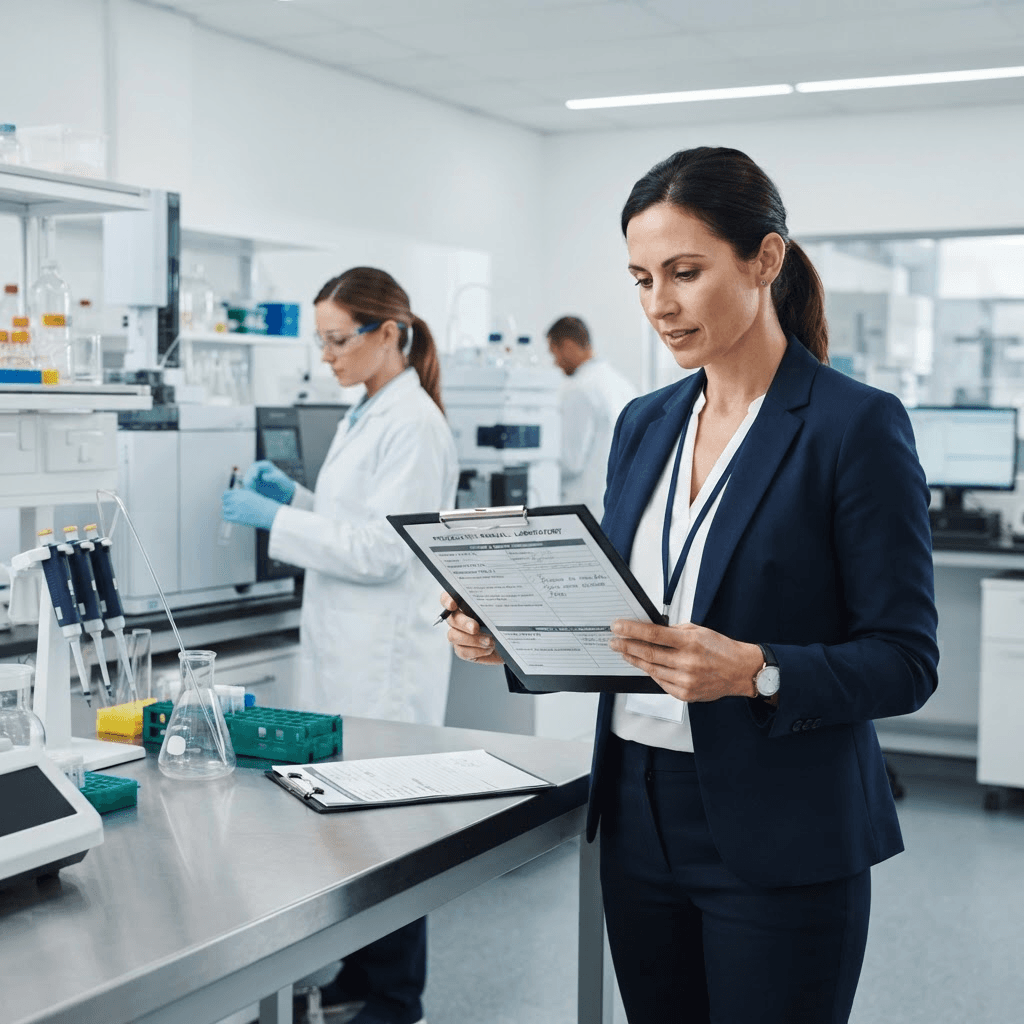 Accreditation assessor reviewing documentation during an assessment in a modern testing laboratory