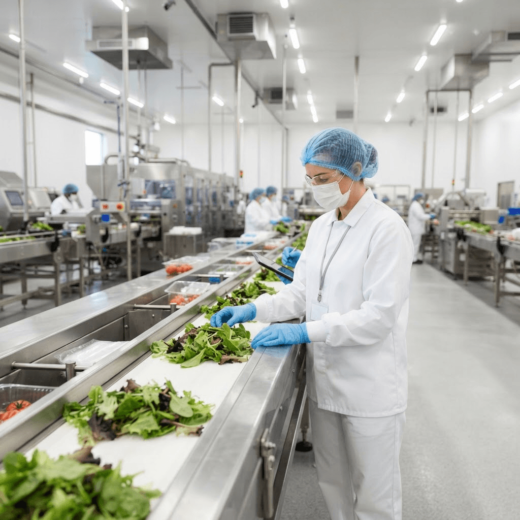 Quality control worker inspecting food on a hygienic production line